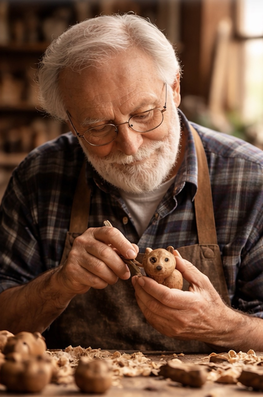Elias carving fine details into a small wooden figure at his workbench